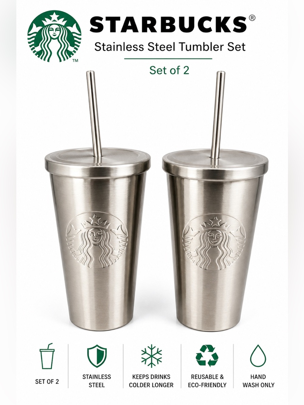 Starbucks Stainless Steel Tumbler Cups w/ Metal Straw – Set of 2